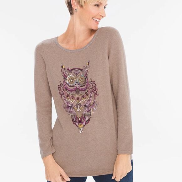 ZENERGY Chico’s Sweater Size 2 
COTTON-CASHMERE BLEND JEWELED OWL TOP - Picture 6 of 7